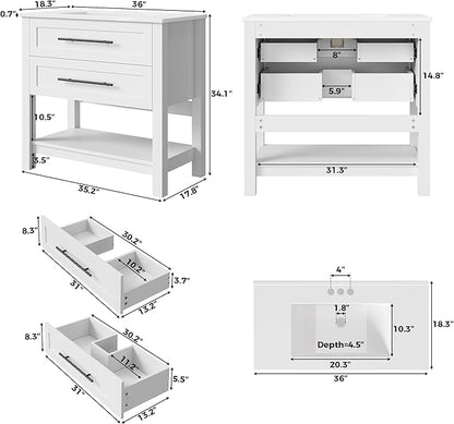 LIKIMIO 36" Bathroom Vanity with Sink, 2 Drawers & Open Shelf, White | Freestanding Bathroom Vanity, Integrated Ceramic Sink, U-Shaped Drawers, Modern Bathroom Storage Cabinet, Easy Assembly