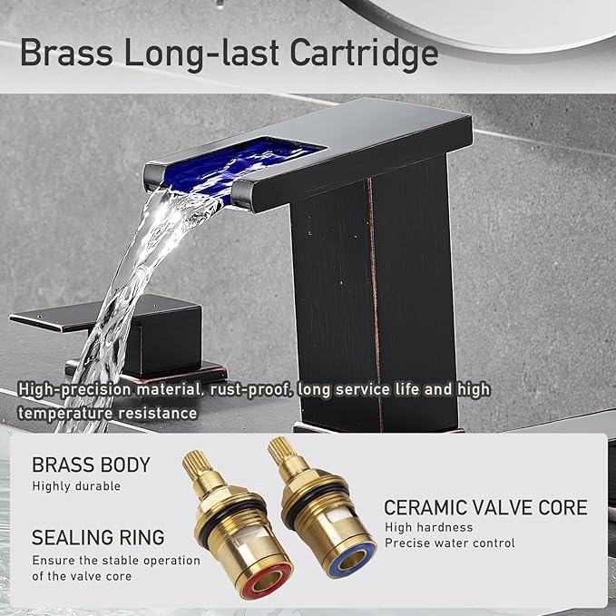LED Bathroom Faucet 3 Hole, Oil Rubbed Bronze Waterfall Bathroom Faucets, 8 Inch Widespread Modern Bathroom Sink Faucet & Parts, Wide Spread Touch On Three Hole 2 Handle Bathroom Vanity Faucet