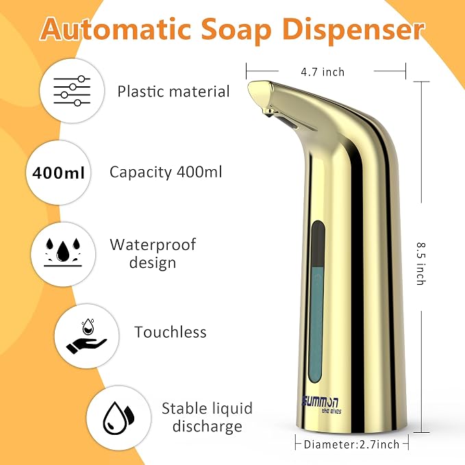 Automatic Liquid Soap Dispenser, 4-Level,13.5oz Touchless | Plastic,400ml Gold Electric Battery Operated Hand & Dish Countertop Soap Dispensers with Sensor for Bathroom,Kitchen Sink