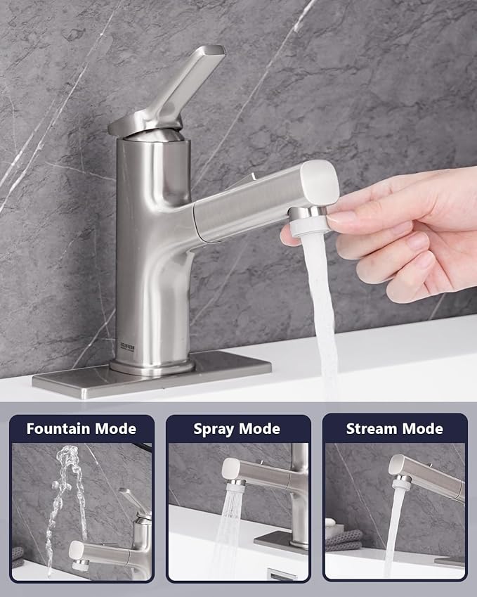 Pull Out Bathroom Faucet, Single Handle Bathroom Sink Faucet with Pull Out Sprayer, Bathroom Faucet for Sink, with Pop-up Drain & Deck Plate 1 or 4-inch Centerset 3 Hole, Brushed Nickel