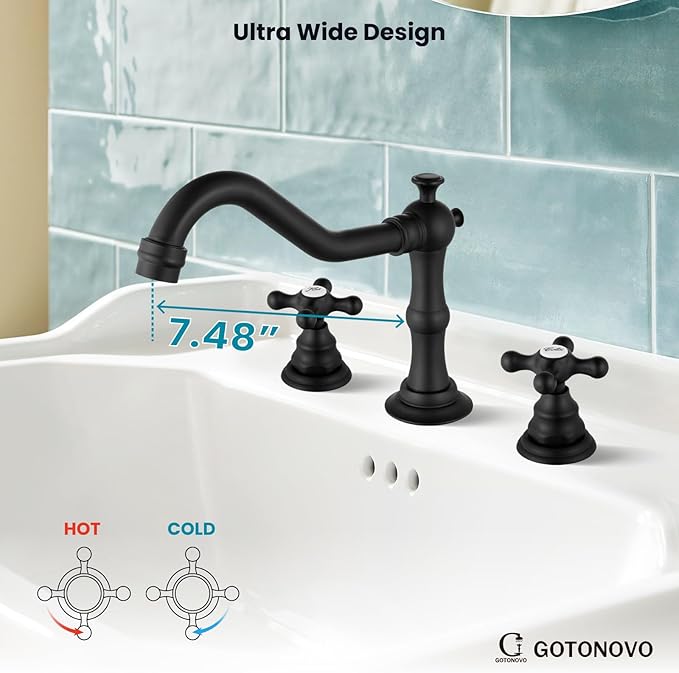 gotonovo Bathroom Faucet 3 Hole 8 Inch Widespread Bathroom Sink Faucet 2 Cross Handles Vintage Lavatory Vanity Mixer Tap with Pop Up Drain, Round Font Label, Matte Black