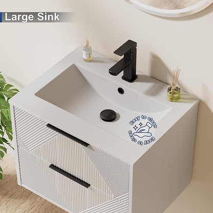 LUCKWIND 24" Floating Bathroom Vanity with Sink Combo, Wall Mounted Floating Cabinet with 2 Large Soft-Close Drawers & Water Saving Faucet, Geometric Textured Design in White