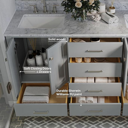 ARIEL Cambridge 66-inch Bathroom Vanity with Sink,Solid Wood, 0.75-inch Italian Carrara Marble Countertop, Double Rectangular Porcelain Sink, 4 Soft Closing Doors, 6 Dovetail Drawers, Grey