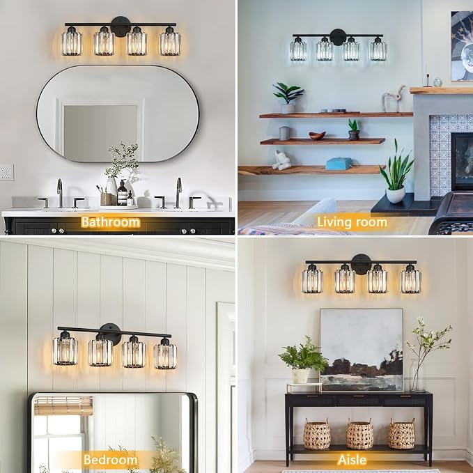 Modern 4 Light Crystal Vanity Light, Black Vertical Bathroom Light Fixture Over Mirror for Dressing Table Sink, Compatible with Dimmable Bulbs (Bulbs Not Included)