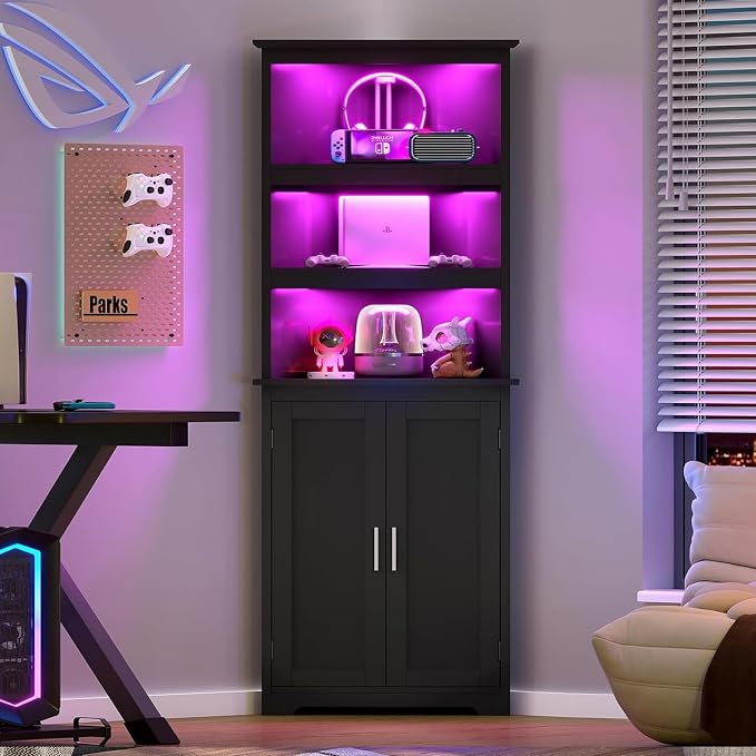TEENFON Corner Cabinet, Tall Corner Hutch with 5 Shelves & 2 Doors, Bathroom Cabinet with Adjustable Shelf, for Living Room, Kitchen, Bathroom, Black