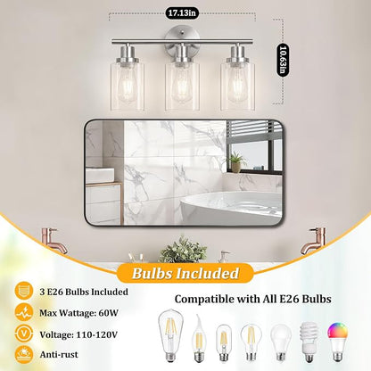 Unicozin Modern Bathroom Light Fixtures, 3 Light Vanity Lights with E26 Bulbs, Brushed Nickel Wall Lamp with Clear Glass for Mirror Living Room Hallway Cabinet Porch