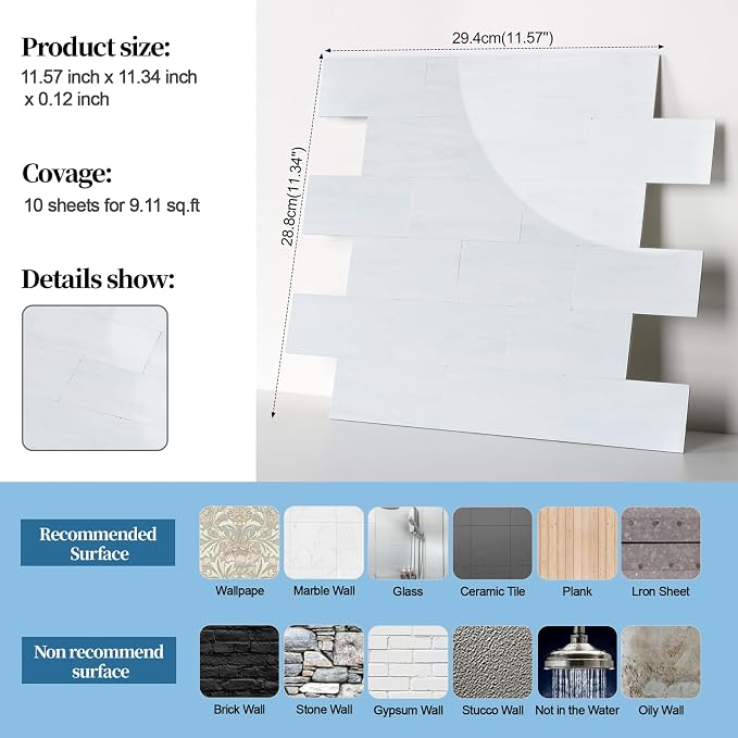 2026 New Upgrade Peel and Stick Backsplash Tile, Peel and Stick 11.34" X 11.57" Wall Tile for Kitchen, Bathroom, Fireplace, Laundry (Polished Marble White Blue, 5 Packs)