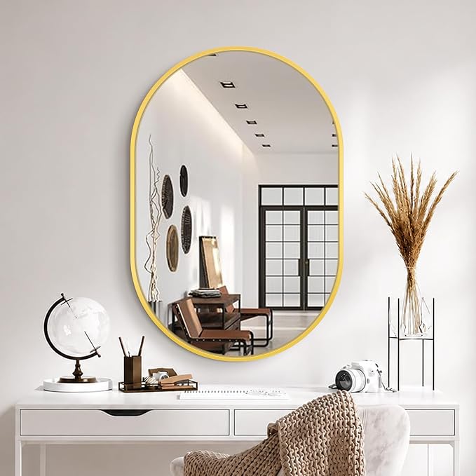 28x20 Gold Oval Bathroom Mirror for Over Sink, Aluminum Frame | HD Reflection No Distortion, Aluminum Frame, Mounting Hardware for Vertical or Horizontal Mount