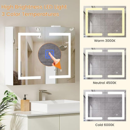 Snughome Bathroom Medicine Cabinet with Mirror & LED Lights, Wall Mount Bathroom Mirror with Storage, Built-in Power Outlets, Dimmable 3 Color Temp, Anti Rust Easy to Install, 31.5" x 23.6"