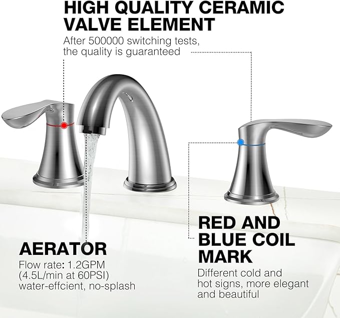 Bathroom Faucet, 8 Inch Bathroom Faucets for Sink 3 Hole, Widespread Brushed Nickel Bathroom Faucet with Pop up Drain and cUPC Lead-Free Hose (Brushed Nickel)