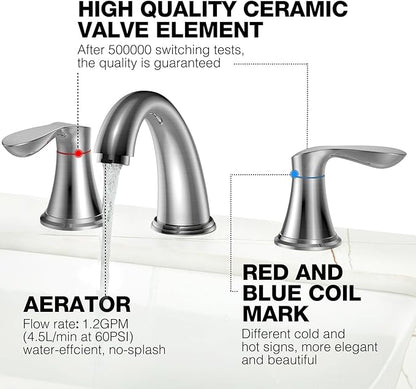 Bathroom Faucet, 8 Inch Bathroom Faucets for Sink 3 Hole, Widespread Brushed Nickel Bathroom Faucet with Pop up Drain and cUPC Lead-Free Hose (Brushed Nickel)
