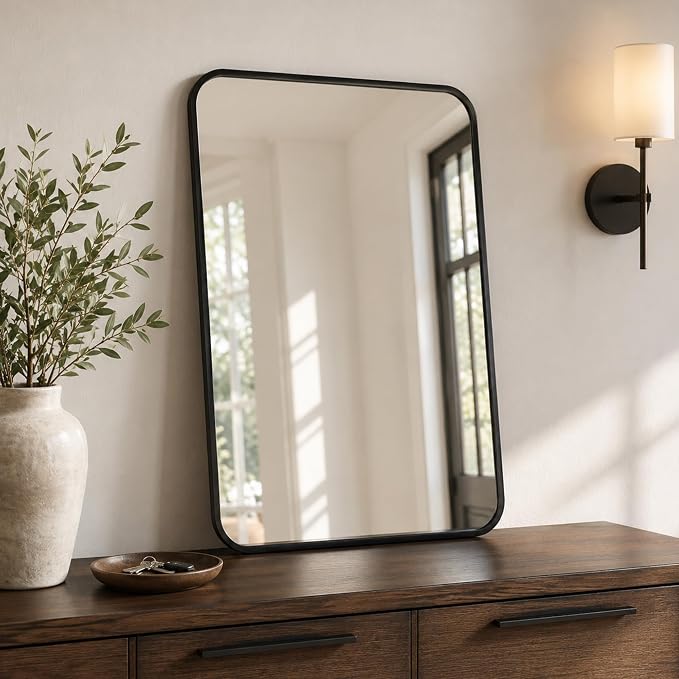 2-Pack 24x30 Inch Matte Black Rounded Rectangle Vanity Mirrors | Double Vanity or Two Bathrooms, Pair or Separate Use, Iron Frame, Layered Shadow Box Look, Two-Way Mount