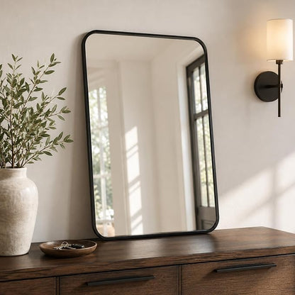2-Pack 24x30 Inch Matte Black Rounded Rectangle Vanity Mirrors | Double Vanity or Two Bathrooms, Pair or Separate Use, Iron Frame, Layered Shadow Box Look, Two-Way Mount