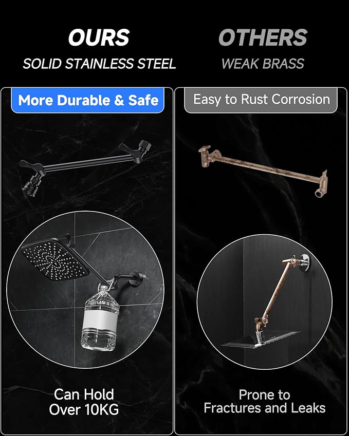 Veken 11.8" Black Rain Shower Head with 11" Stainless Steel Exension Arm | Rectangular Rainfall Showerheads, Height & Angle Decor Adjustable, High Pressure Shower Heads, Bathroom Accessories