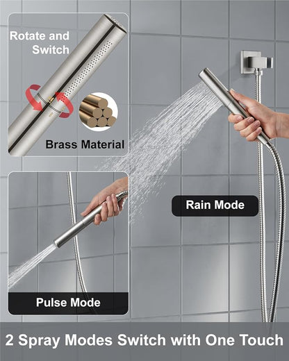 Aolemi Shower System with Rain Head and Handheld,12-Inch,Brushed Nickel | High-Pressure Shower Faucet Set with Dual-Function Handheld,Rough-In Valve,1.8 GPM,Ceiling Mount Trim Kit