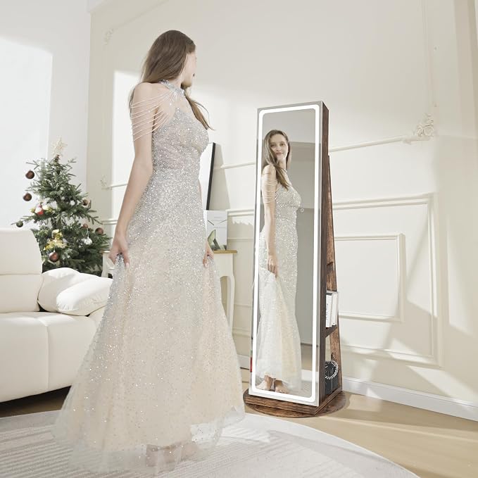 Mirror Jewelry Cabinet Standing, Jewelry Armoire | with Full-Length LED Mirror and Adjustable Lights, 360° Swivel Jewelry Organizer Storage