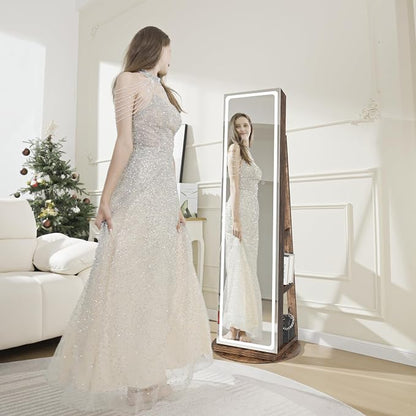 Mirror Jewelry Cabinet Standing, Jewelry Armoire | with Full-Length LED Mirror and Adjustable Lights, 360° Swivel Jewelry Organizer Storage