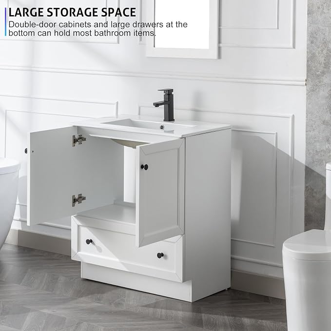 LUCKWIND 30" Farmhouse Bathroom Vanity with Sink Combo, Rustic Modern Bathroom Cabinet with Undermount Solid Surface Single Sink, Soft-Close Hinges & Water-Saving Faucet, White