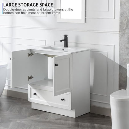 LUCKWIND 30" Farmhouse Bathroom Vanity with Sink Combo, Rustic Modern Bathroom Cabinet with Undermount Solid Surface Single Sink, Soft-Close Hinges & Water-Saving Faucet, White