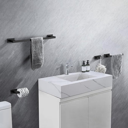 4-Pieces Bathroom Hardware Accessories Set, Towel Rack Towel Bar Toilet Paper Holder Towel Hook Self Adhesive Stainless Steel Towel Rack Set for Bathroom Wall Mounted, Matte Black 23 Inch
