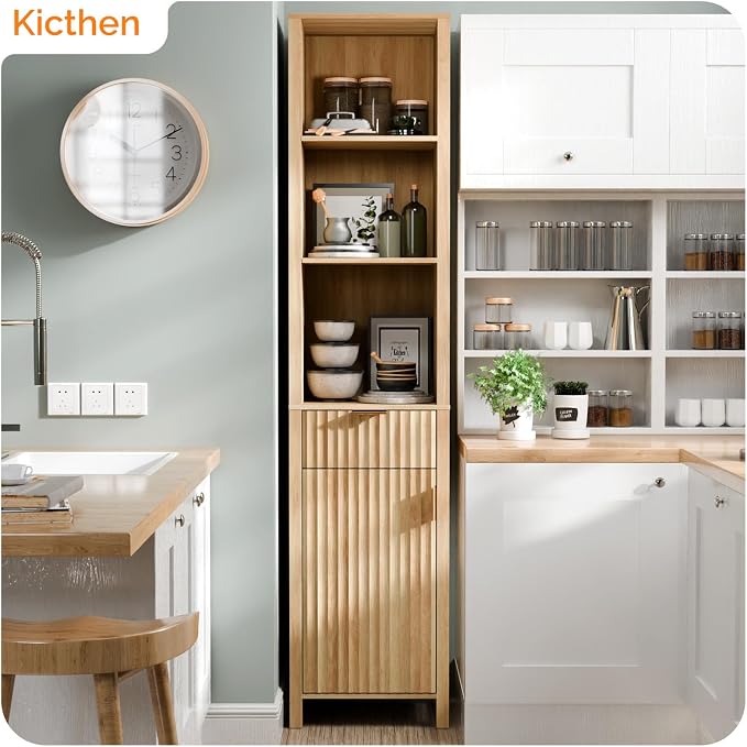 VINGLI Narrow Fluted Bathroom Floor Skinny Storage Cabinet with 1 Fluted Door&Drawer,68" Tall Narrow12 Inch Deep Slim Bathroom Storage Cabinet for Small Space w/3 Adjustable Shelves,Natural Oak Color