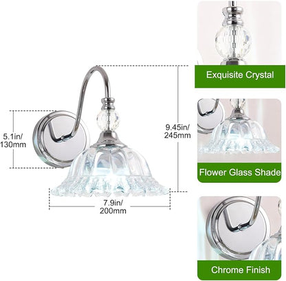 Bathroom Vanity Light Fixtures Single-Head Wall Sconces Lighting with Floral Crystal Glass Shade Chrome Wall Lights for Bathroom,Bedroom,Hallway,Bedside(Bulbs Not Included)