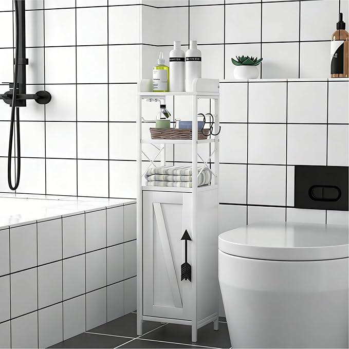 VECELO Small Bathroom Cabinet,Slim Toilet Paper Holder with Door & 2 Shelves,Narrow Storage Organizers Fenced Top Waterproof Coating for Restroom Bathroom in Tiny Space,White