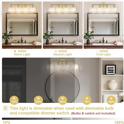 Vintage Bathroom Light Fixtures,4-Light Hardwired Vanity Lights with Clear Tulip Glass Shade,Gold Bathroom Vanity Light for Mirror Restroom,E26 Socket,25.2 in(Bulbs Not Included)