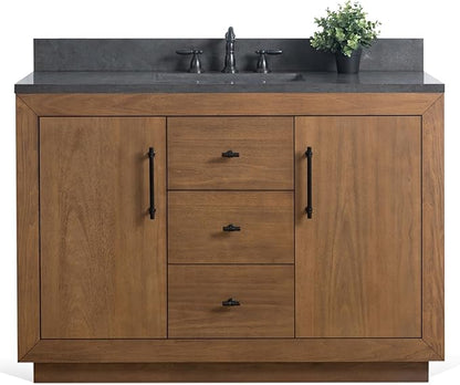 HOMEBEYOND 48" Bathroom Vanity with Single Sink & Ceramic Top, MDF Material Vanity Cabinet with Basin Combo, Soft-Closing Doors, Removable Shelf, Backsplash, Tan