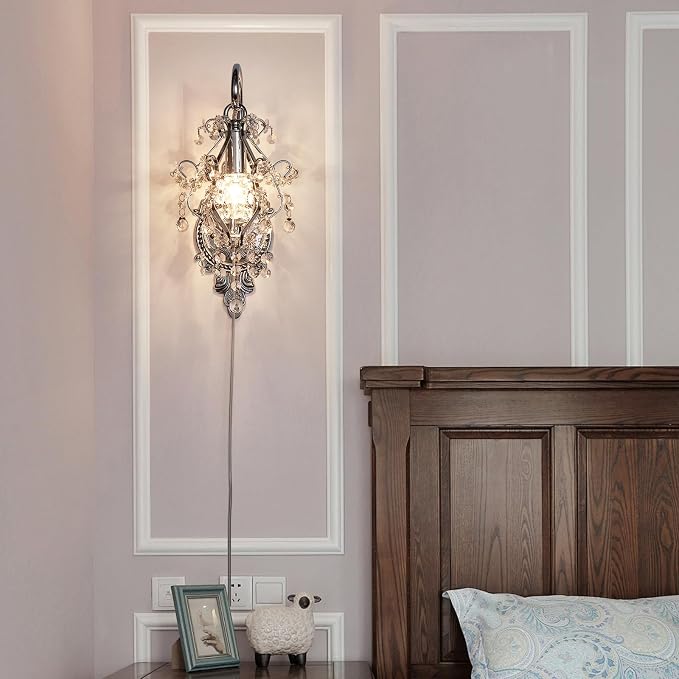 Silver Crystal Vintage Indoor Plug in Cord Wall Sconces Light Set of 2 | Modern Wall Mounted Lamp Light Fixture for Bedroom Living Room Bathroom Vanity Light Hallway Light Fixture Decor LED E12