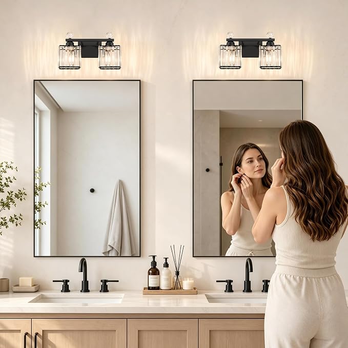 Lxybcce Modern 14In 2-Lights Bathroom Vanity Light, Crystal Bathroom Light Fixtures, Black Vanity Light Fixtures Over Mirror, Easy Installation & Shadow-Free Illumination for Bathroom Mirror Decor