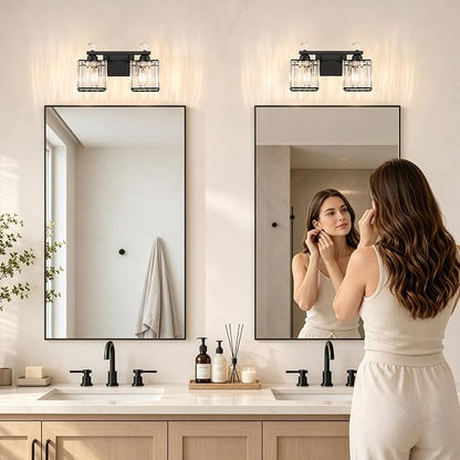 Lxybcce Modern 14In 2-Lights Bathroom Vanity Light, Crystal Bathroom Light Fixtures, Black Vanity Light Fixtures Over Mirror, Easy Installation & Shadow-Free Illumination for Bathroom Mirror Decor