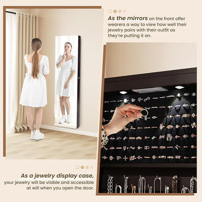 NAFORT 2 LEDs Mirror Jewelry Cabinet, 47.5-Inch Tall Wall or Door Mounted Jewelry Organizers and Storage with Frameless Full-length Mirror, Lockable Jewelry Armoire with 2 Drawers, Espresso