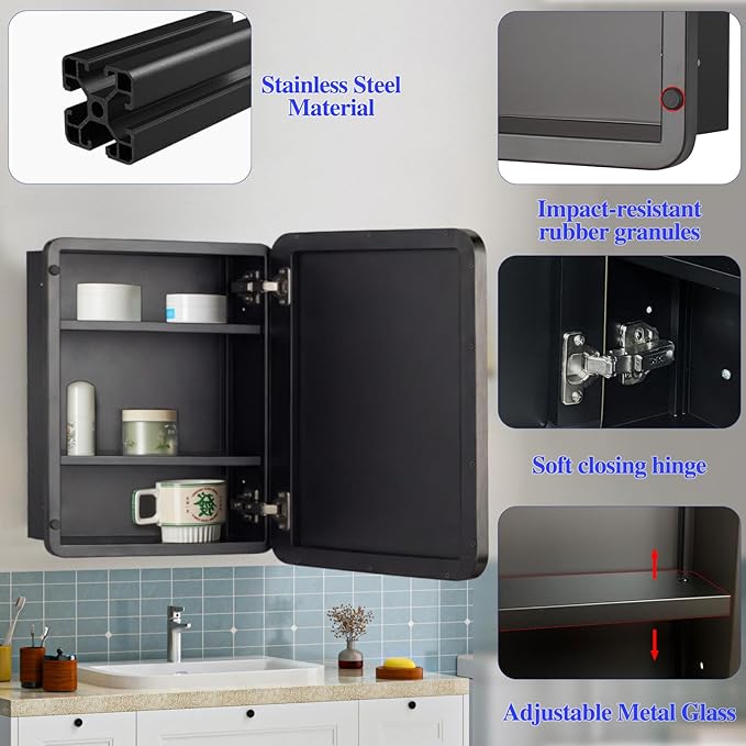 Bathroom Medicine Cabinet,24"x24" Square Mirror Door with Stainless Steel Frame,Recessed & Surface Wall Cabinet with Glass Shelves, Rust-Resistant Bathroom Storage Cabinet