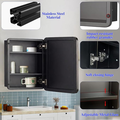 Bathroom Medicine Cabinet,24"x24" Square Mirror Door with Stainless Steel Frame,Recessed & Surface Wall Cabinet with Glass Shelves, Rust-Resistant Bathroom Storage Cabinet