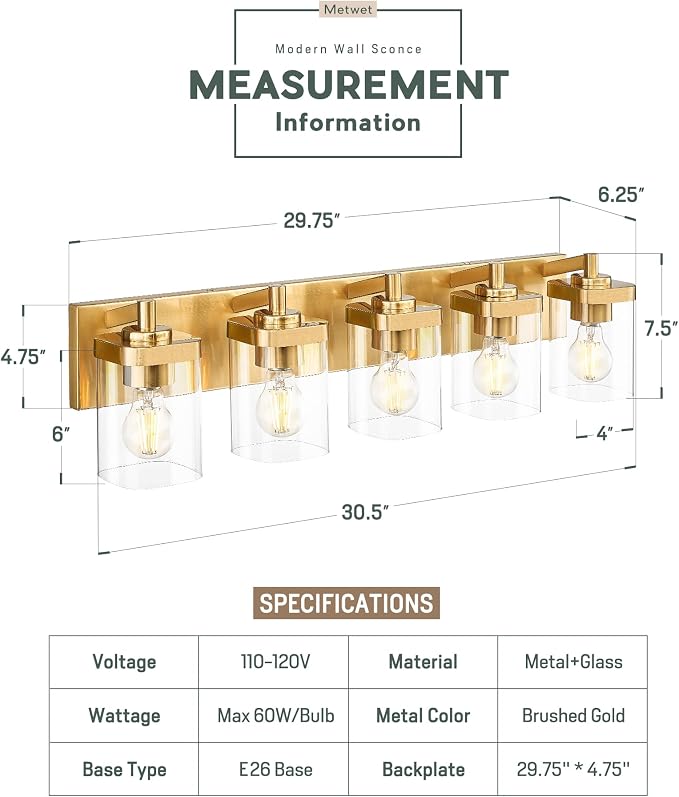5-Light Brushed Gold Bathroom Vanity Light, Square Clear Glass Shade | Ideal for 34-46" mirrors, 30.5" modern bathroom light fixtures over mirror, E26 base, bulbs not included, VL194-BG-5