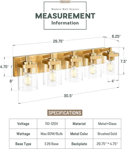 5-Light Brushed Gold Bathroom Vanity Light, Square Clear Glass Shade | Ideal for 34-46" mirrors, 30.5" modern bathroom light fixtures over mirror, E26 base, bulbs not included, VL194-BG-5
