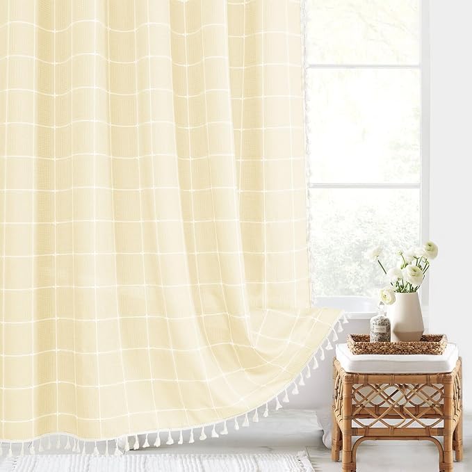 Yellow Cream Boho Farmhouse Shower Curtain for Bathroom 72x72 | 320 GSM French Country Plaid Tassel Shower Curtain, Rustic Aesthetic Bathroom Decor Windows Curtain