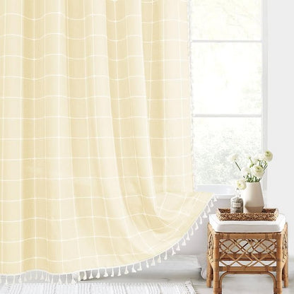 Yellow Cream Boho Farmhouse Shower Curtain for Bathroom 72x72 | 320 GSM French Country Plaid Tassel Shower Curtain, Rustic Aesthetic Bathroom Decor Windows Curtain