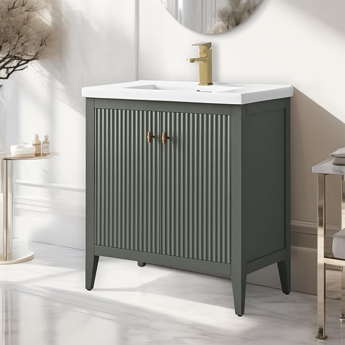 Vanity Art 30 inch Bathroom Vanity with Single Sink & Ceramic Top, Vanity Cabinet with Soft-Closing Door, Solid Wood Frame, Linear Pattern, Vintage Green, Golden Brushed Handware VA9130-VG-GB