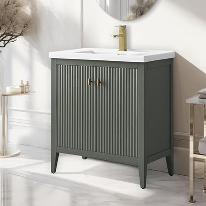 Vanity Art 30 inch Bathroom Vanity with Single Sink & Ceramic Top, Vanity Cabinet with Soft-Closing Door, Solid Wood Frame, Linear Pattern, Vintage Green, Golden Brushed Handware VA9130-VG-GB