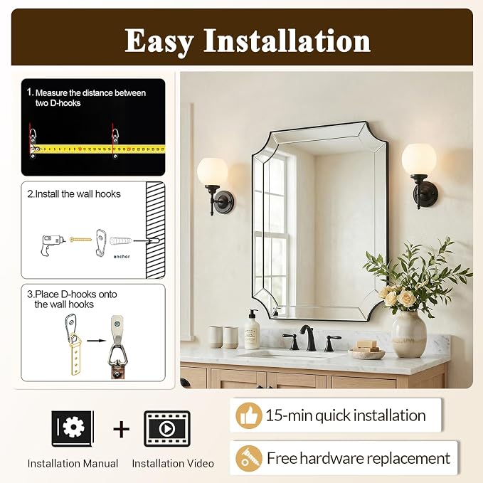 Matte Black Mirror 30x36 Inch, Black Scalloped Wall Mirror, Unique Rectangular Bathroom Mirror in Premium Stainless Steel Metal Frame 1" Deep, Hangs Vertically/Horizontally