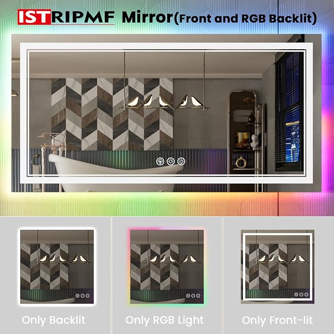 84x32 Inch RGB LED Bathroom Mirror with Lights | Front and RGB Backlit, Dimmable, Memory, Anti Fog, Shatterproof, Horizontal/Vertical, Lighted Mirrors for Bathroom Wall