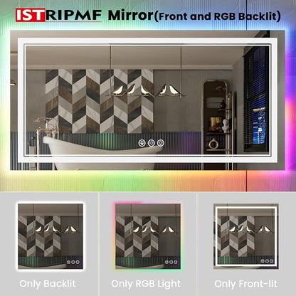 84x32 Inch RGB LED Bathroom Mirror with Lights | Front and RGB Backlit, Dimmable, Memory, Anti Fog, Shatterproof, Horizontal/Vertical, Lighted Mirrors for Bathroom Wall