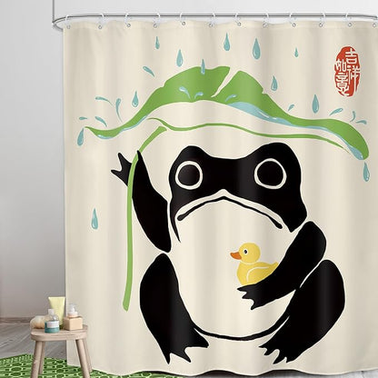 LGhtyro Funny Frog Shower Curtain Bathroom Set 71Wx84H Inches Asian Traditional Art Japanese Duck Extra Long Bath Accessories Cute Animal Taking Lotus Leaf Rain Art Home Decor Fabric 12 Pack Hooks