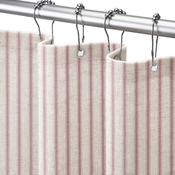 Farmhouse Striped Shower Curtain Rustic Rust Vintage Linen Curtain 72 X 84 | Extra Long Striped Shower Curtains with Linen Texture for Bathroom Decor