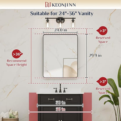 Keonjinn 28 x 36 Inch Brushed Nickel Bathroom Mirror, Tempered Glass | Rounded Rectangle Vanity Mirror, Silver Bathroom Mirrors for Over Sink, Rust-Resistant Aluminum Frame, French Cleat Mount