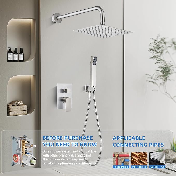 Shower Faucet Set With 8" Shower Head And Handheld Brushed | Wall Mounted Shower System Valve Include 2 Function