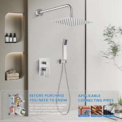 Shower Faucet Set With 8" Shower Head And Handheld Brushed | Wall Mounted Shower System Valve Include 2 Function