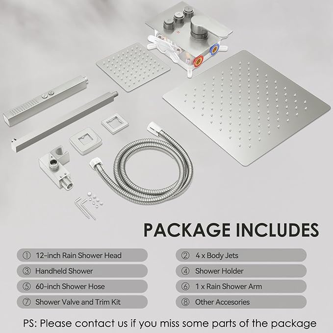 Brushed Nickel Shower Systems with 4 Body Spray Jets, STARBATH 12" Rainfall Shower Head with Handheld Combo, Can Use All at Once, Push Button Shower Jets System in Wall Shower Faucet Sets Complete